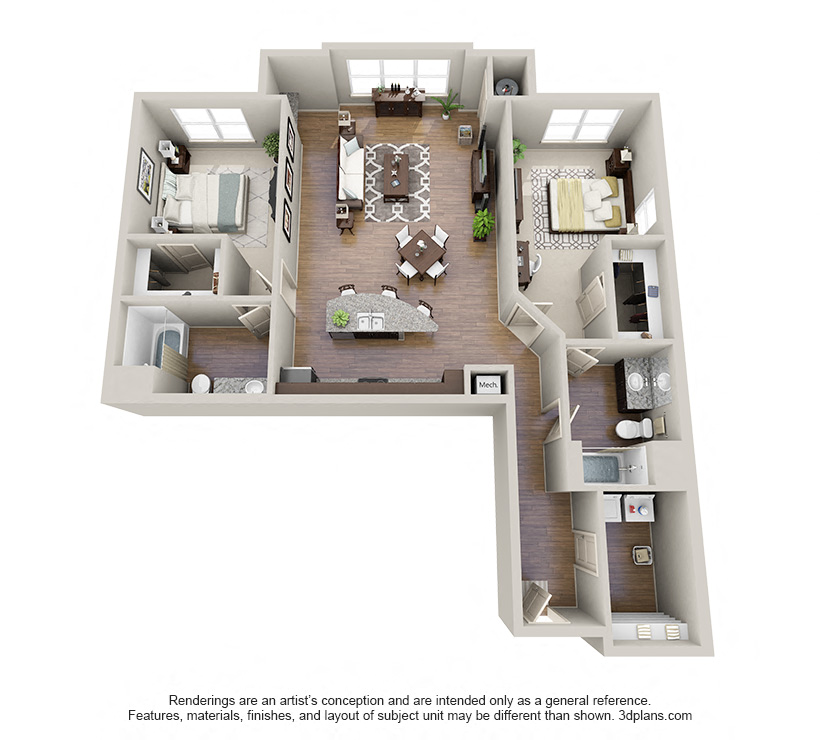 Floor plan for 2 beds, 2 baths, 1353 sqft